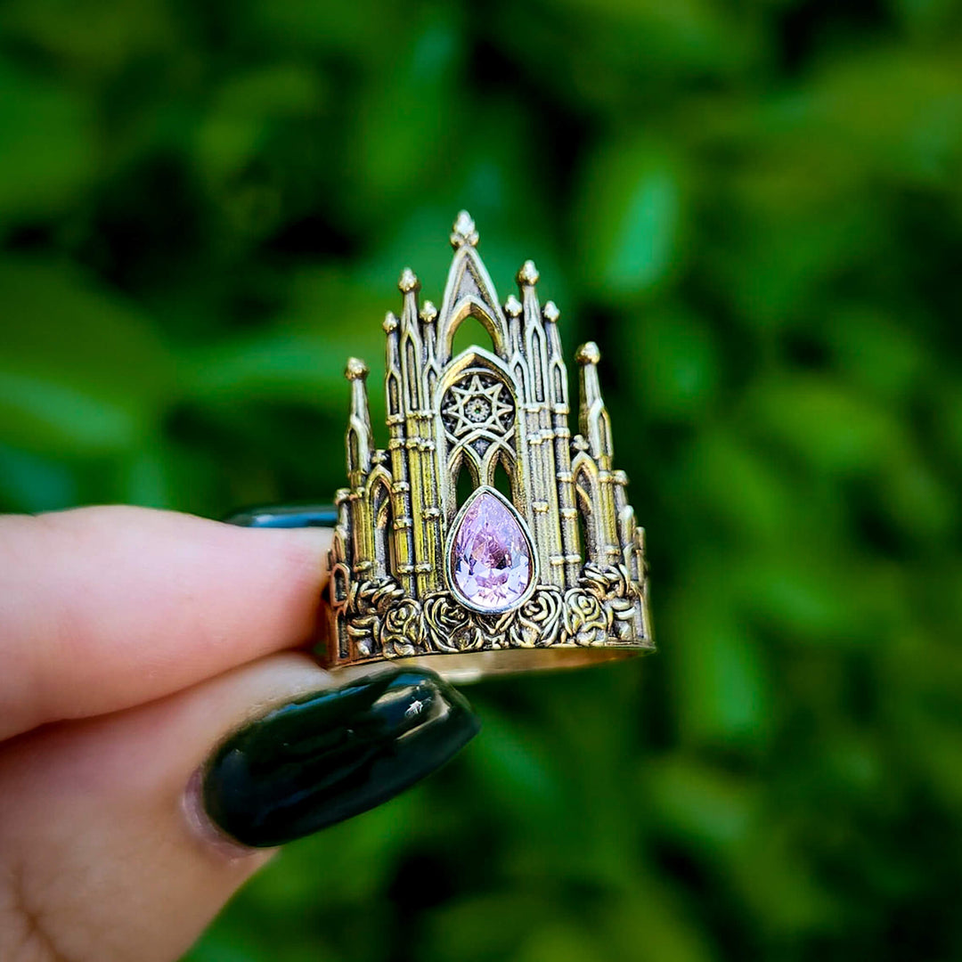 Brass Pink Sapphire Rose Cathedral Ring