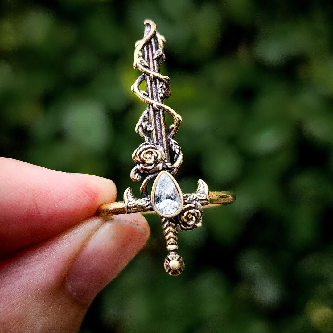 Clear Crystal Holy Rose Sword Ring Brass