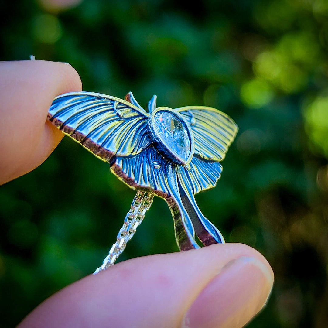 Silver Crystal Luna Moth Necklace