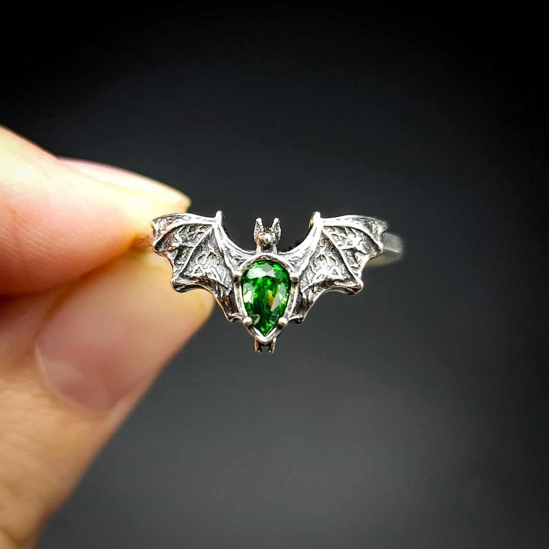 Silver Emerald Bat Ring