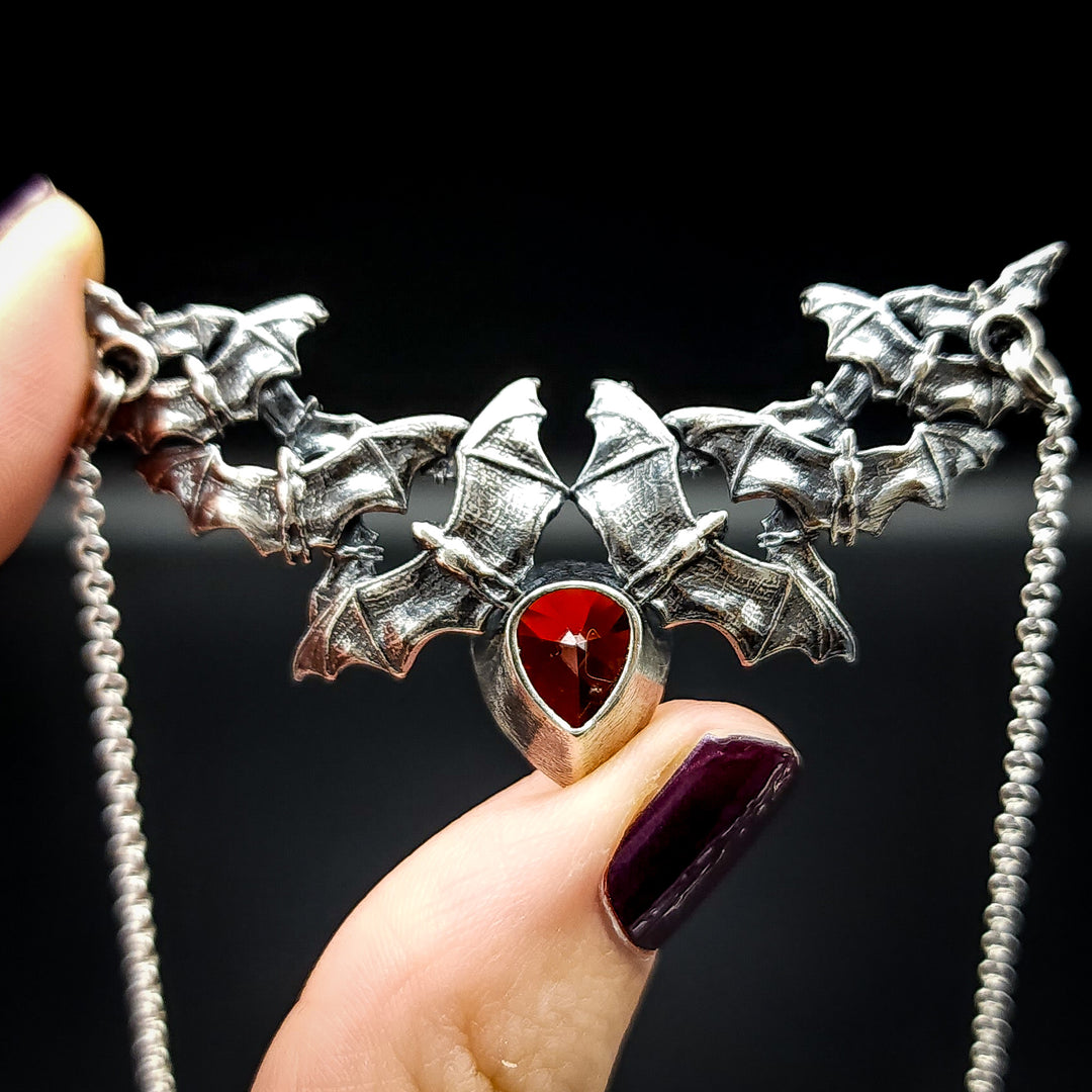 Silver Garnet Bat Swarm Necklace