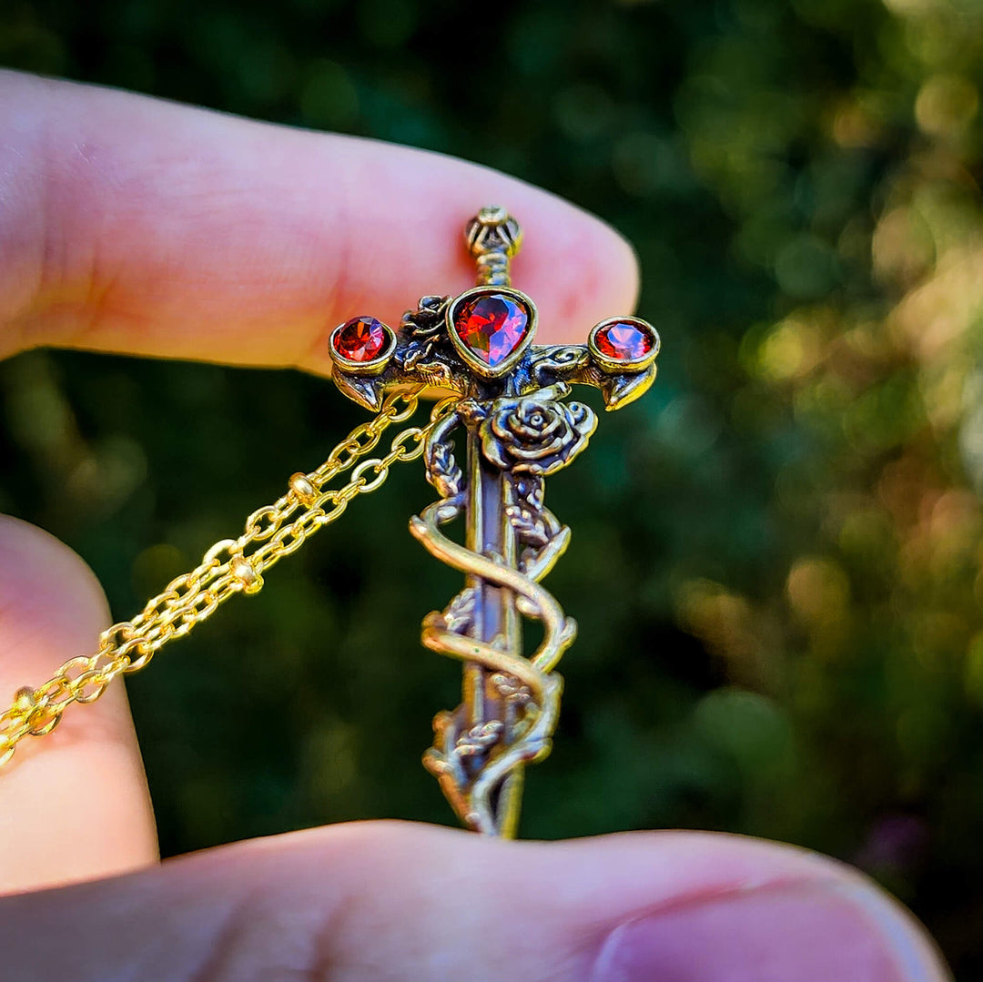 Brass Garnet Holy Rose Sword Necklace