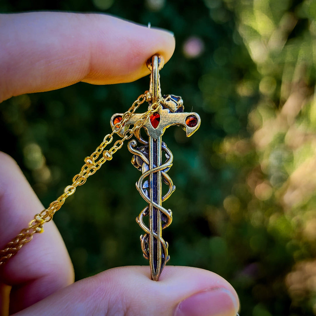 Brass Garnet Holy Rose Sword Necklace