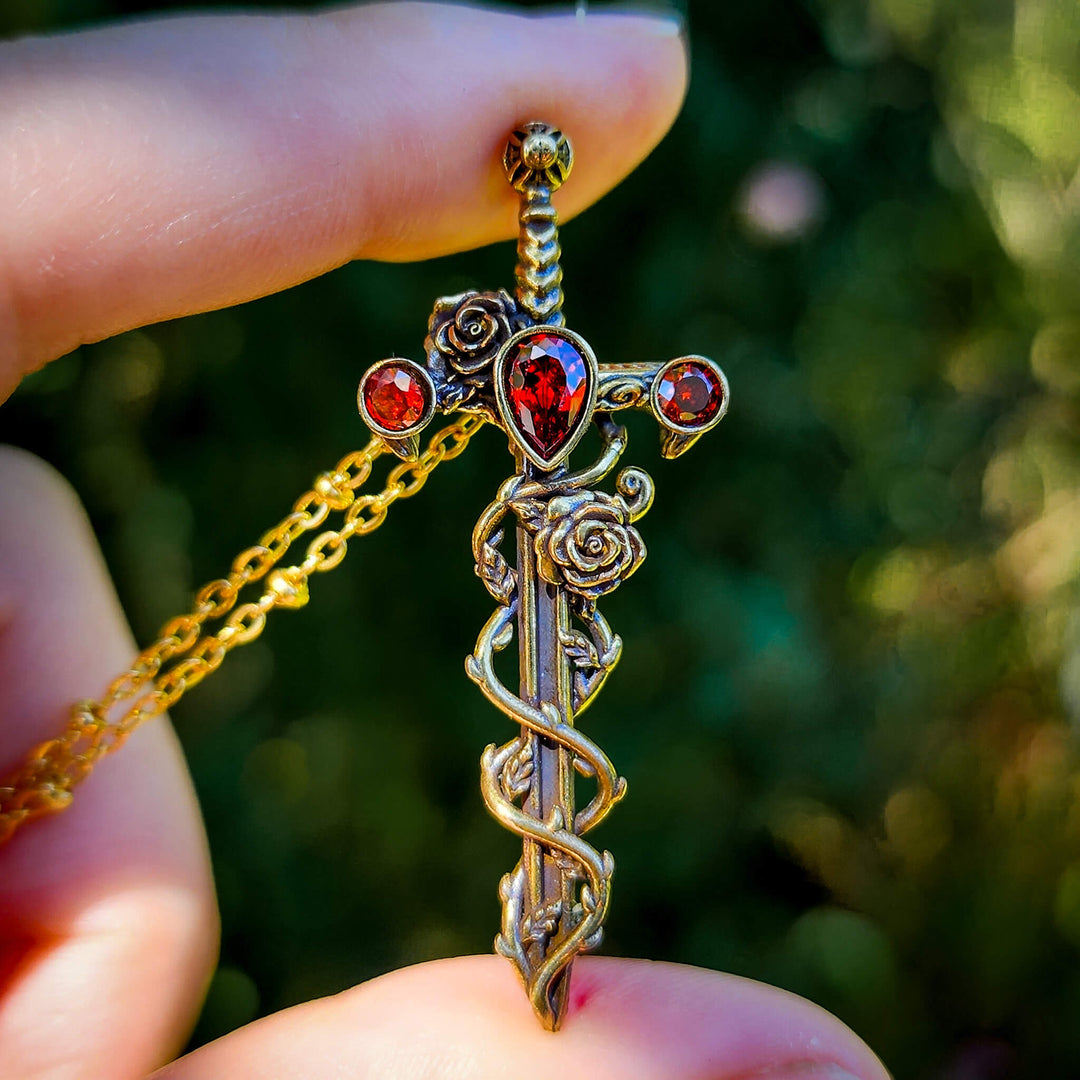 Brass Garnet Holy Rose Sword Necklace