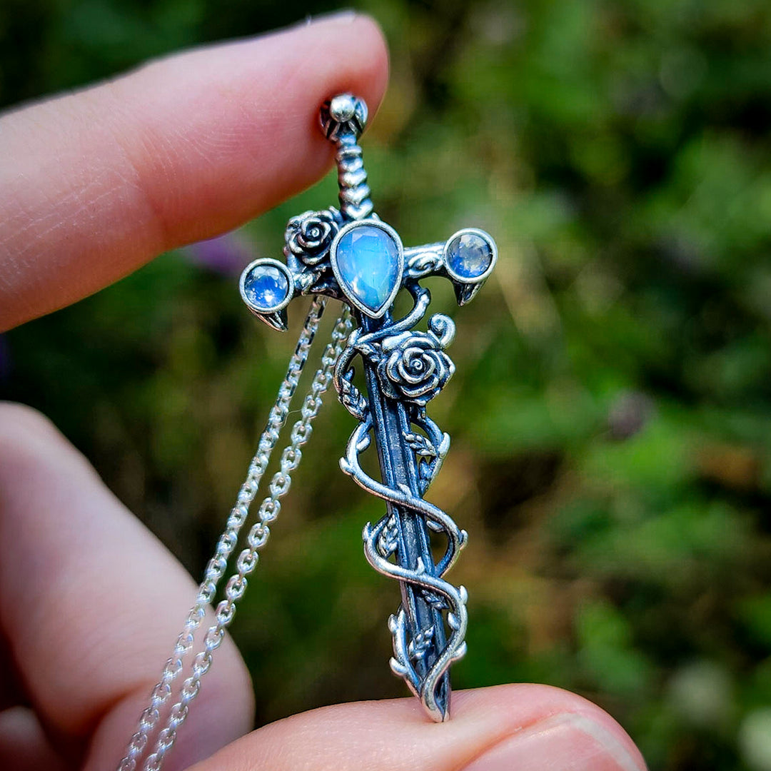 Silver Moonstone Holy Rose Sword Necklace
