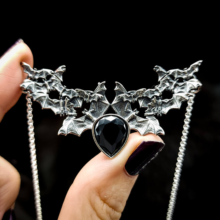 Silver Onyx Bat Swarm Necklace