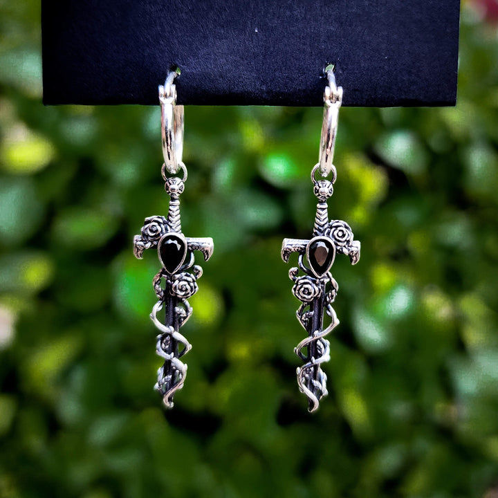 Onyx Silver Holy Rose Sword Earrings