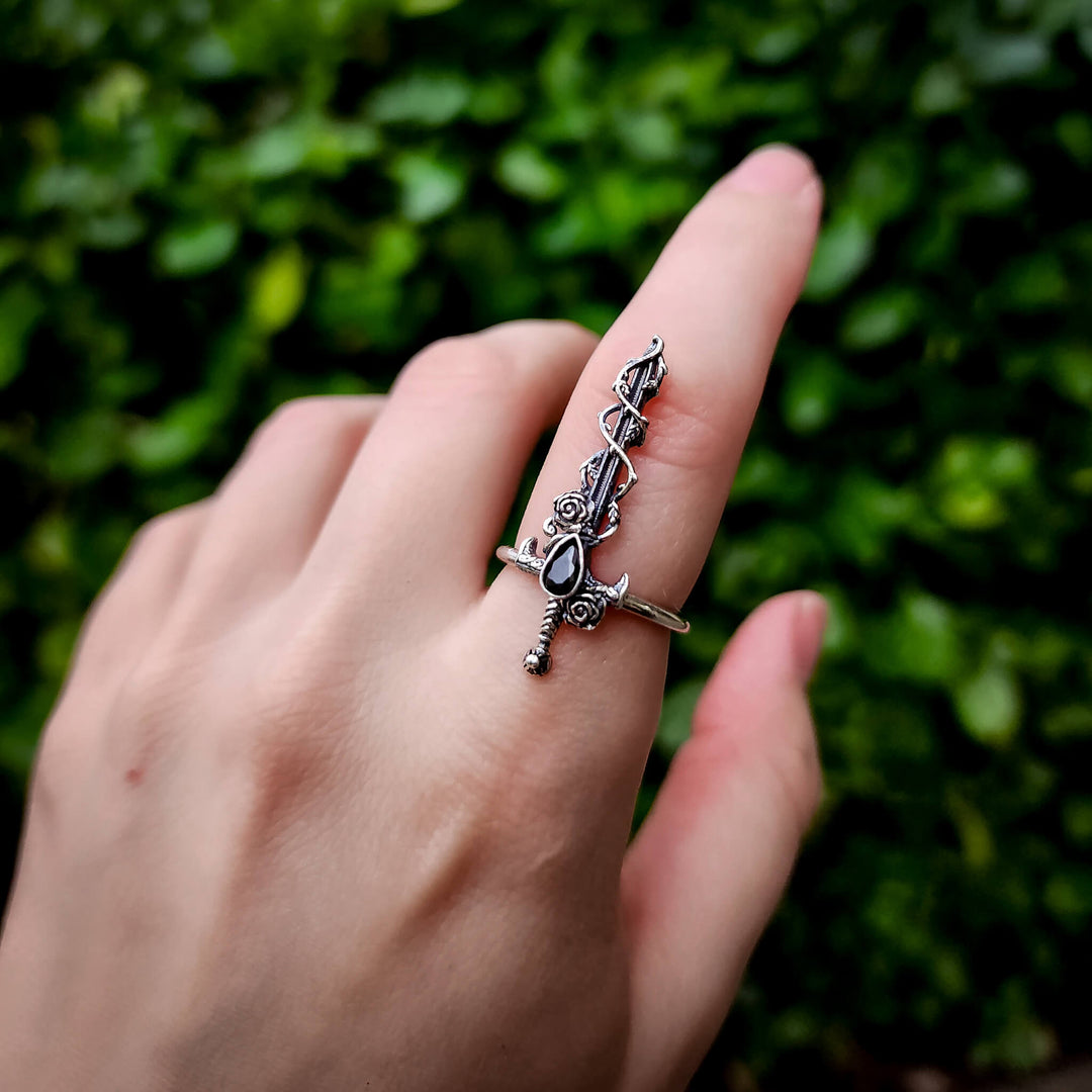 Onyx Holy Rose Sword Ring Silver