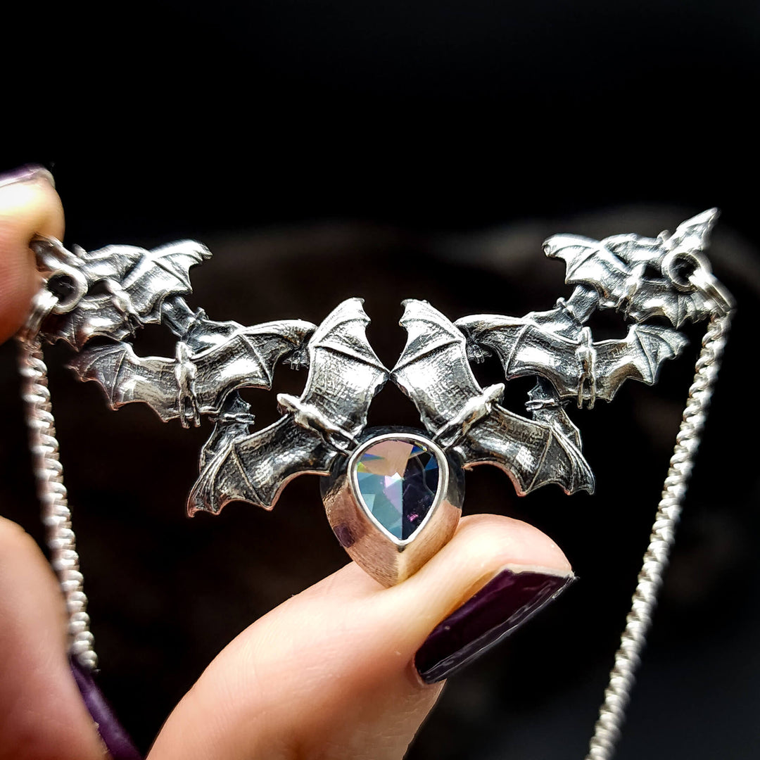 Silver Mystic Topaz Bat Swarm Necklace