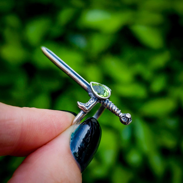 Mini Silver Peridot Sword of the Spirit Ring