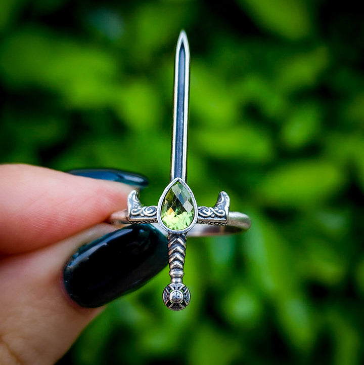 Mini Silver Peridot Sword of the Spirit Ring