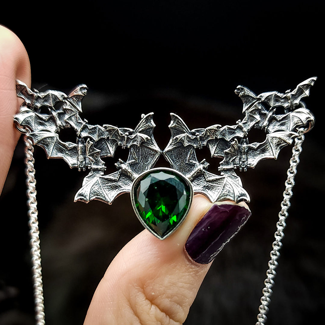 Silver Emerald Bat Swarm Necklace