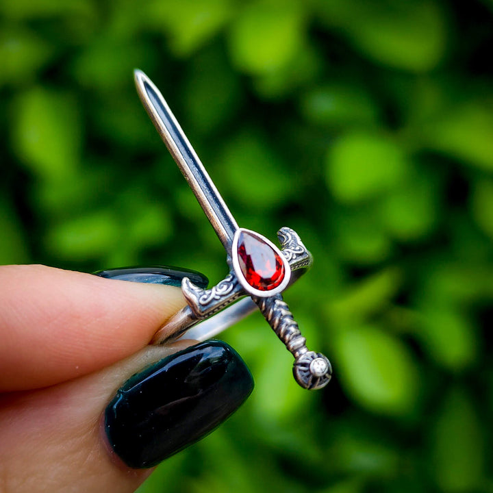 Mini Silver Garnet Sword of the Spirit Ring