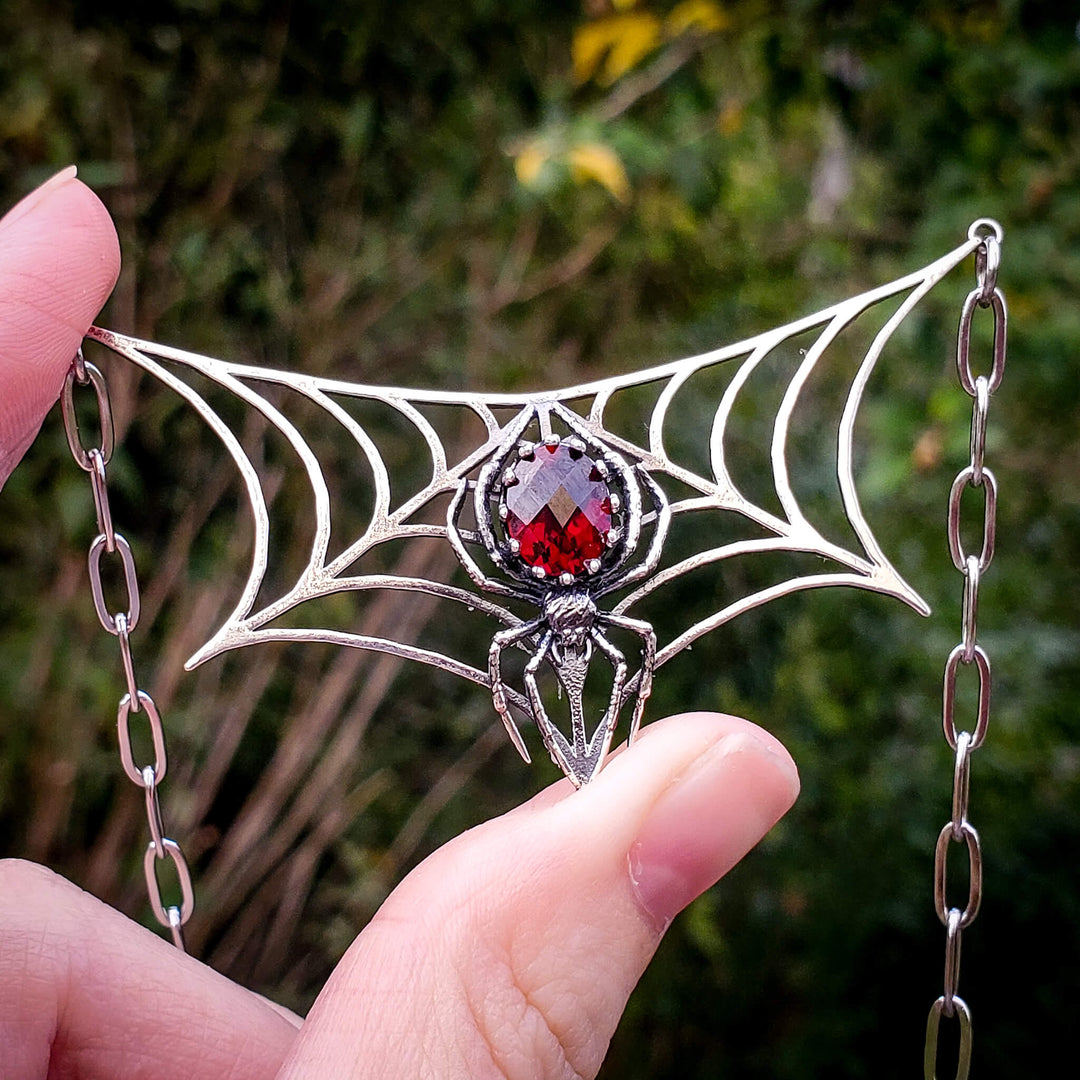 Silver Garnet Spider Necklace