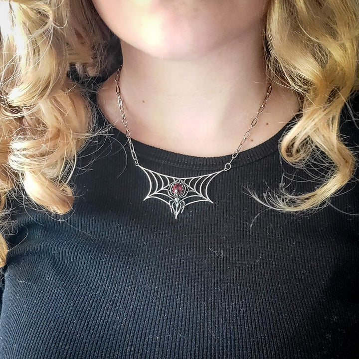 Silver Garnet Spider Necklace