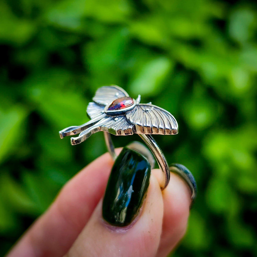 Garnet Luna Moth Ring