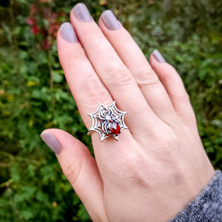 Silver Garnet Spider Spinner Ring