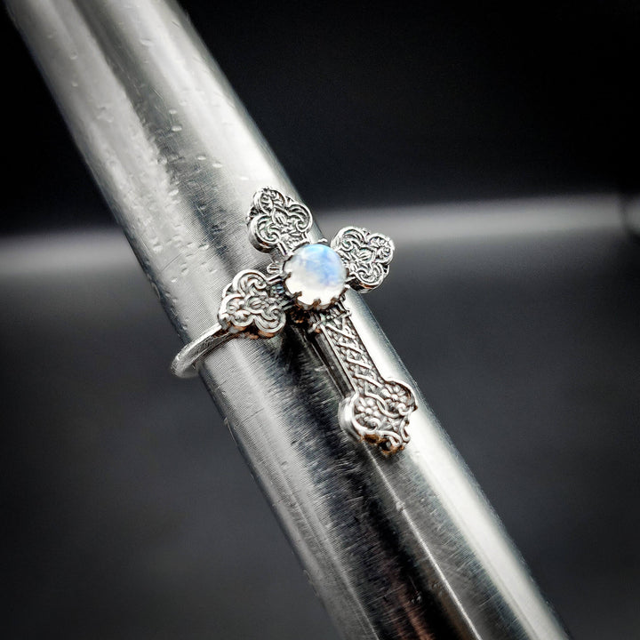 Moonstone Silver Gothic Cathedral Cross Ring