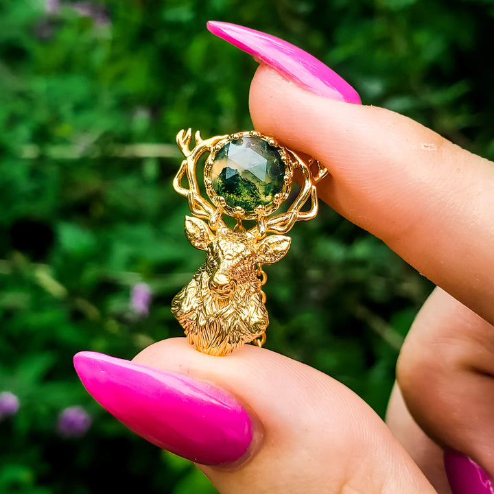 Gold Moss Agate Stag Necklace