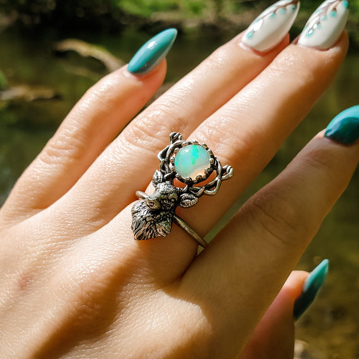 Limited Edition Adjustable Silver Opal Stag Ring