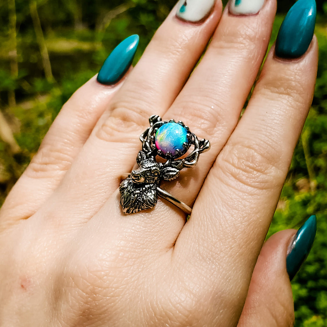 Limited Edition Adjustable Silver Aurora Opal Stag Ring