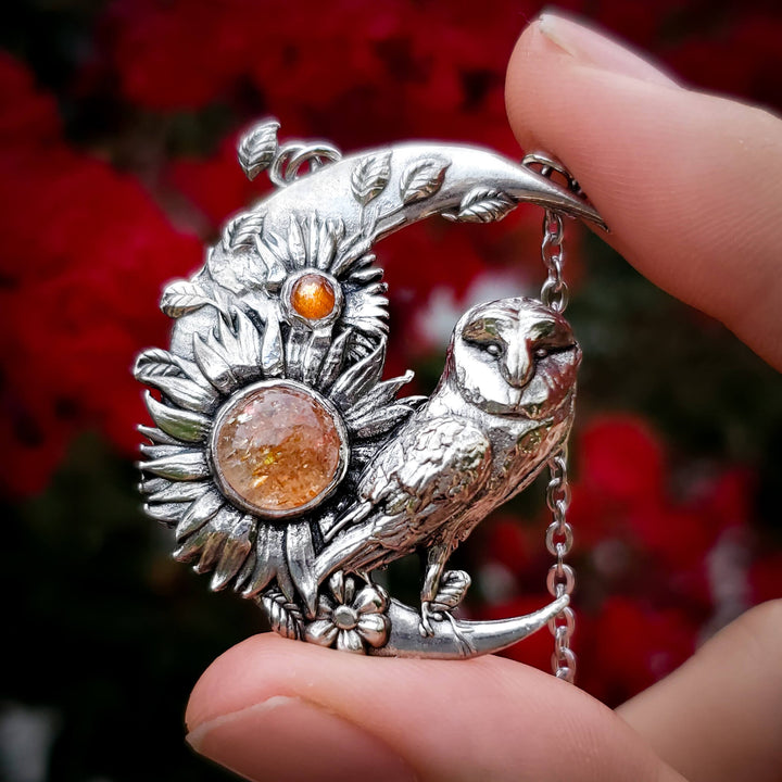 Sunstone Crescent Moon Barn Owl Necklace