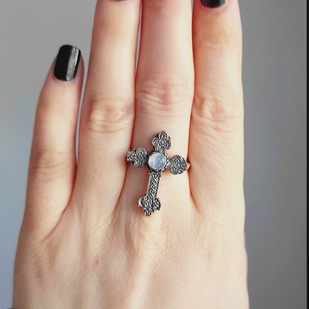 Moonstone Silver Gothic Cathedral Cross Ring