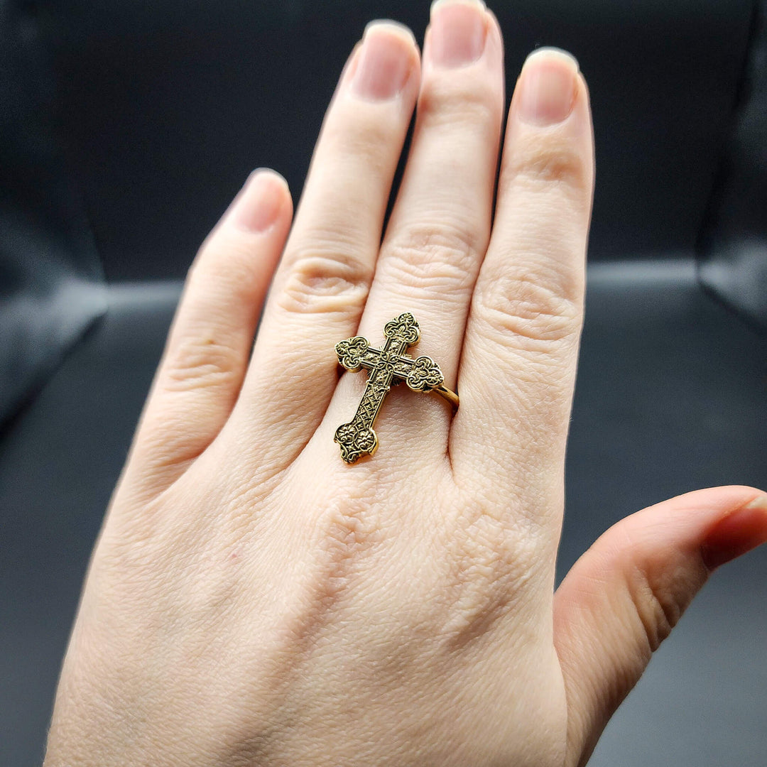 Brass Gothic Cathedral Cross Ring